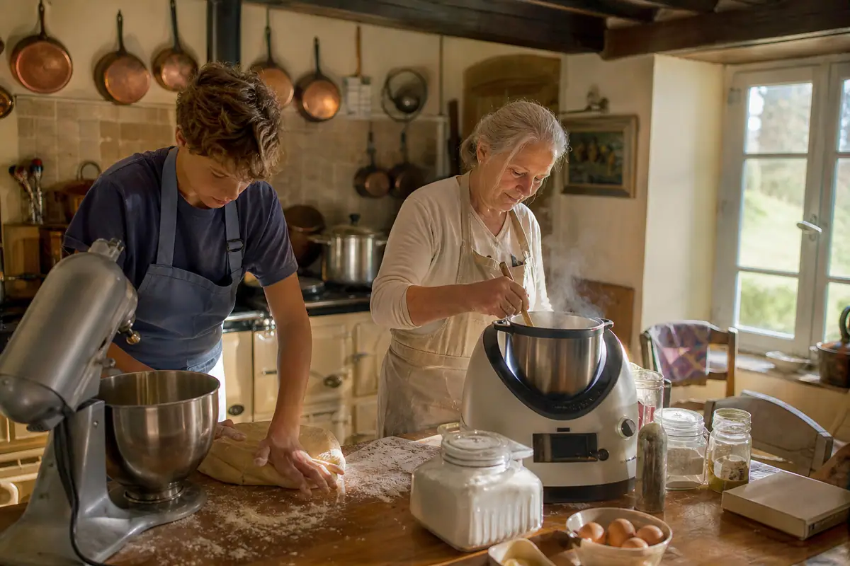 Une grand-mère et son petit-fils cuisinent ensemble avec un robot pâtissier et un robot cuiseur