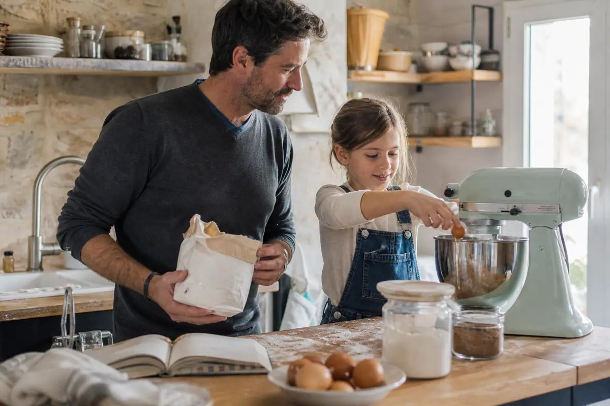Un père et sa fille préparent une pâte à gâteau avec un robot pâtissier un dimanche matin