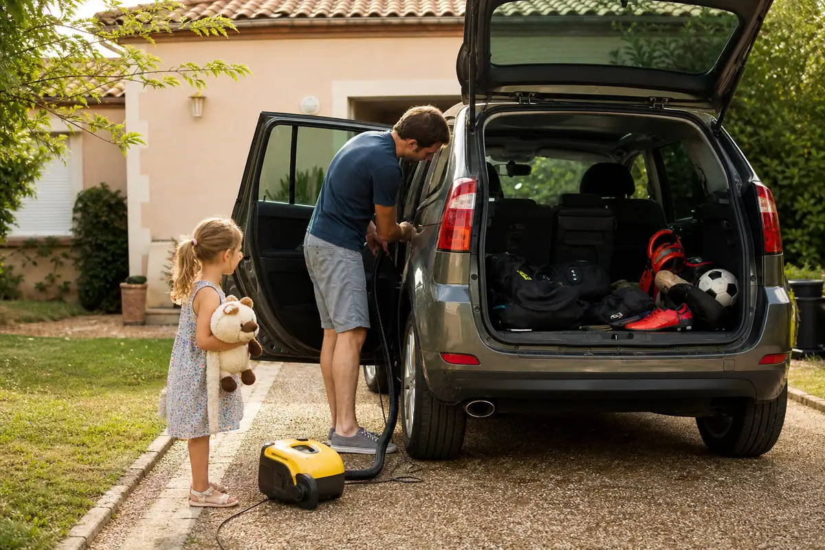 Un père aspire la banquette arrière de sa voiture pendant que sa fille regarde depuis la portière ouverte