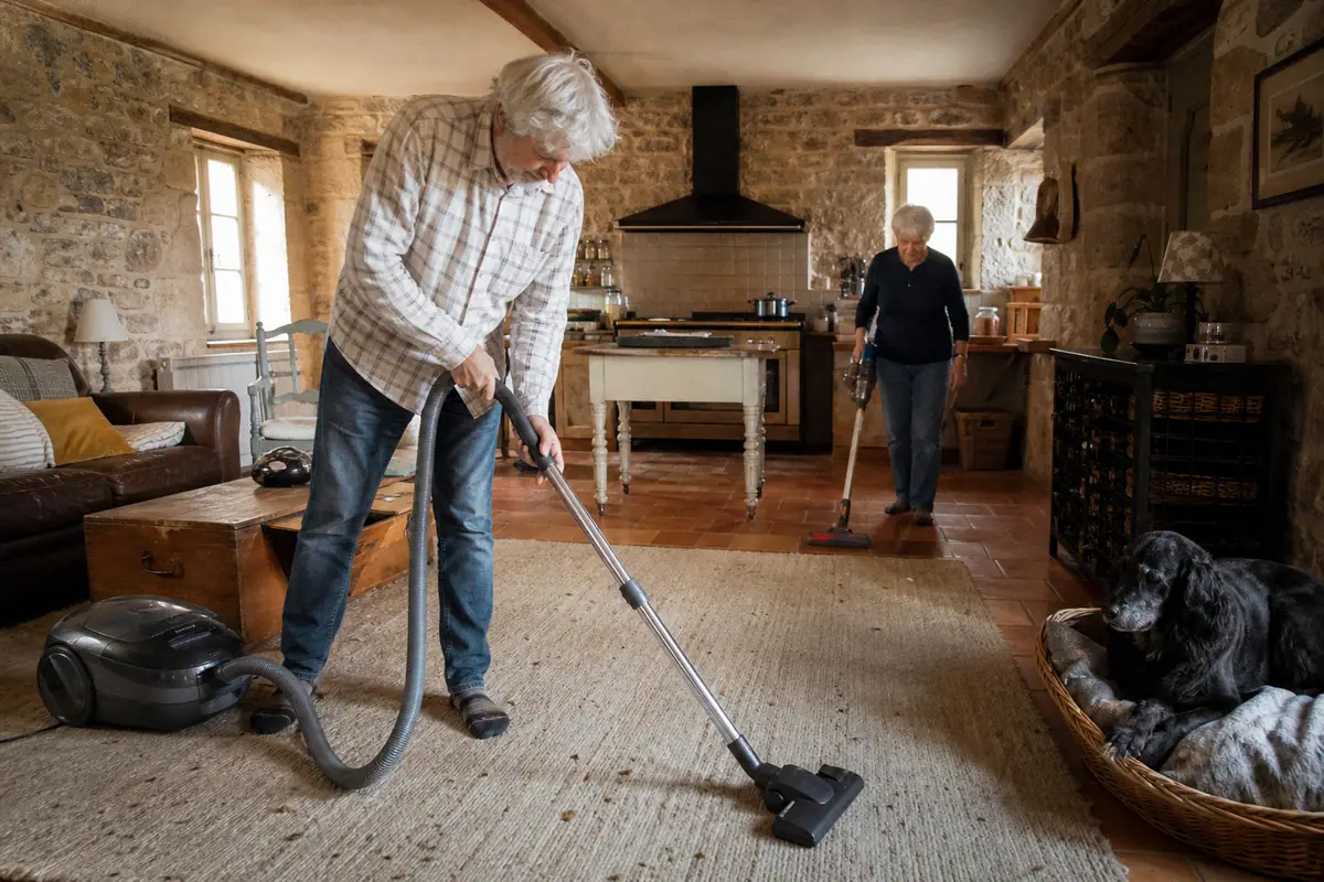 Un couple de retraités passe l'aspirateur, l'un avec un traîneau sur le tapis, l'autre avec un aspirateur balai dans la cuisine