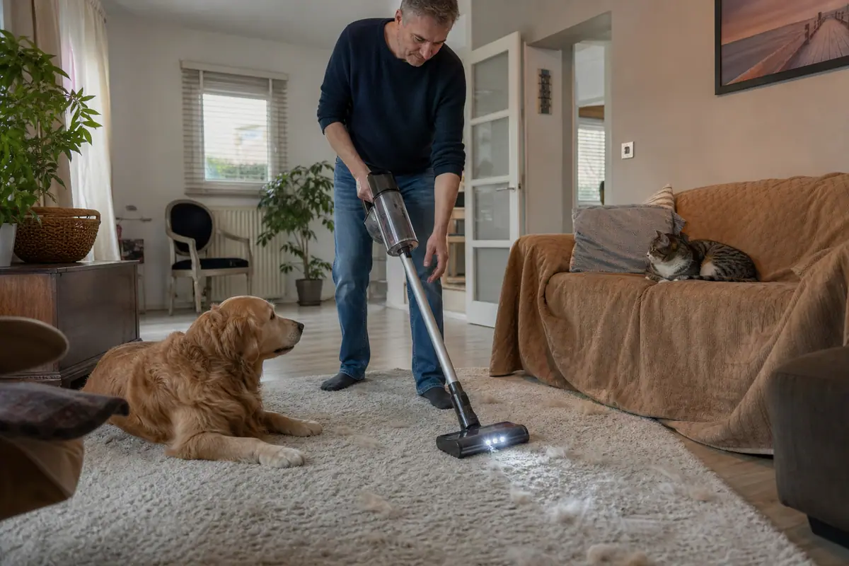 Un homme aspire les poils de son golden retriever sur le tapis du salon, un chat endormi sur le canapé