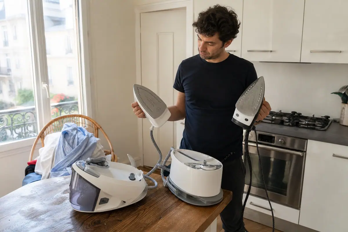 Un homme compare deux centrales vapeur posées sur la table de sa cuisine avant de choisir