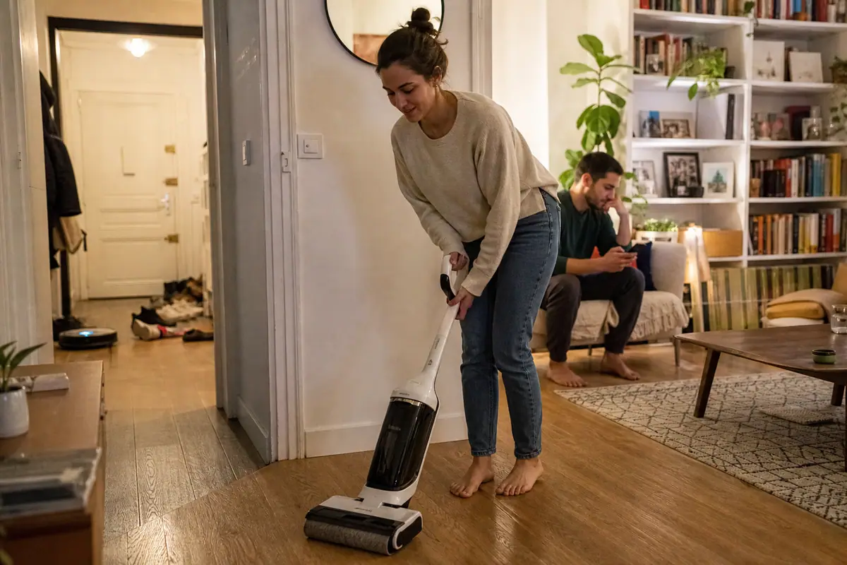Une femme passe un nettoyeur de sols dans son salon pendant qu'un petit robot travaille seul dans le couloir