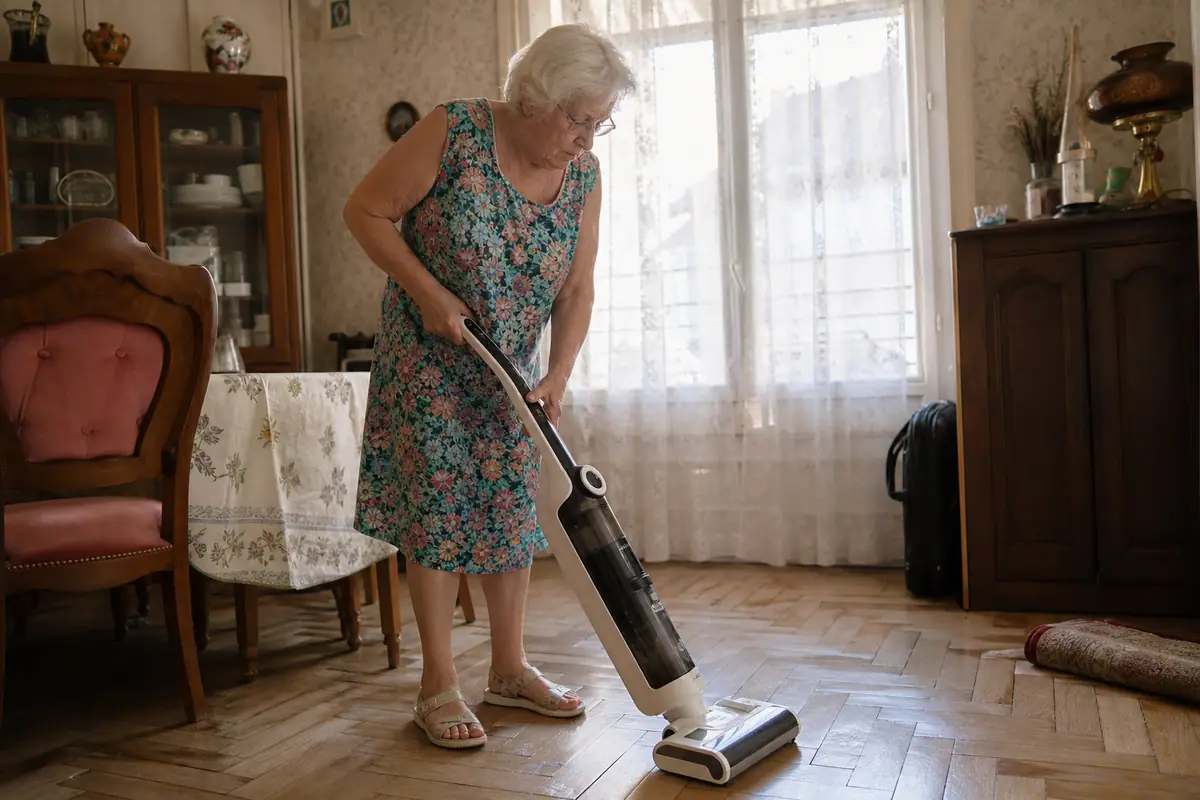 Une femme passe avec précaution un nettoyeur de sols sur son parquet en chevrons, un tapis roulé de côté