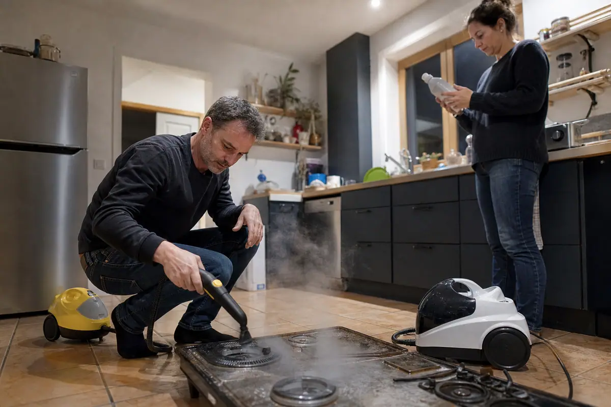 Un homme compare deux nettoyeurs vapeur dans sa cuisine, l'un en train de dégraisser une plaque de cuisson