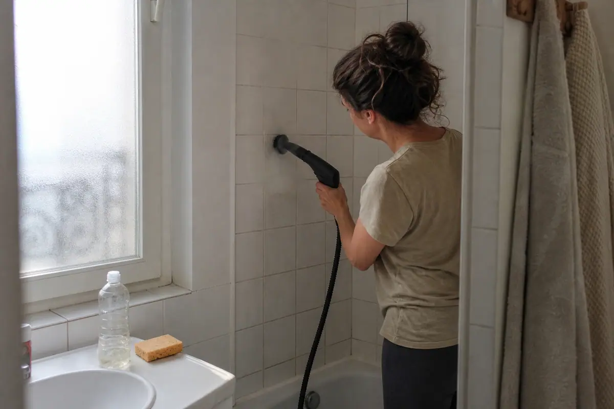 Une femme désincruste les joints de la douche avec un nettoyeur vapeur dans sa salle de bains