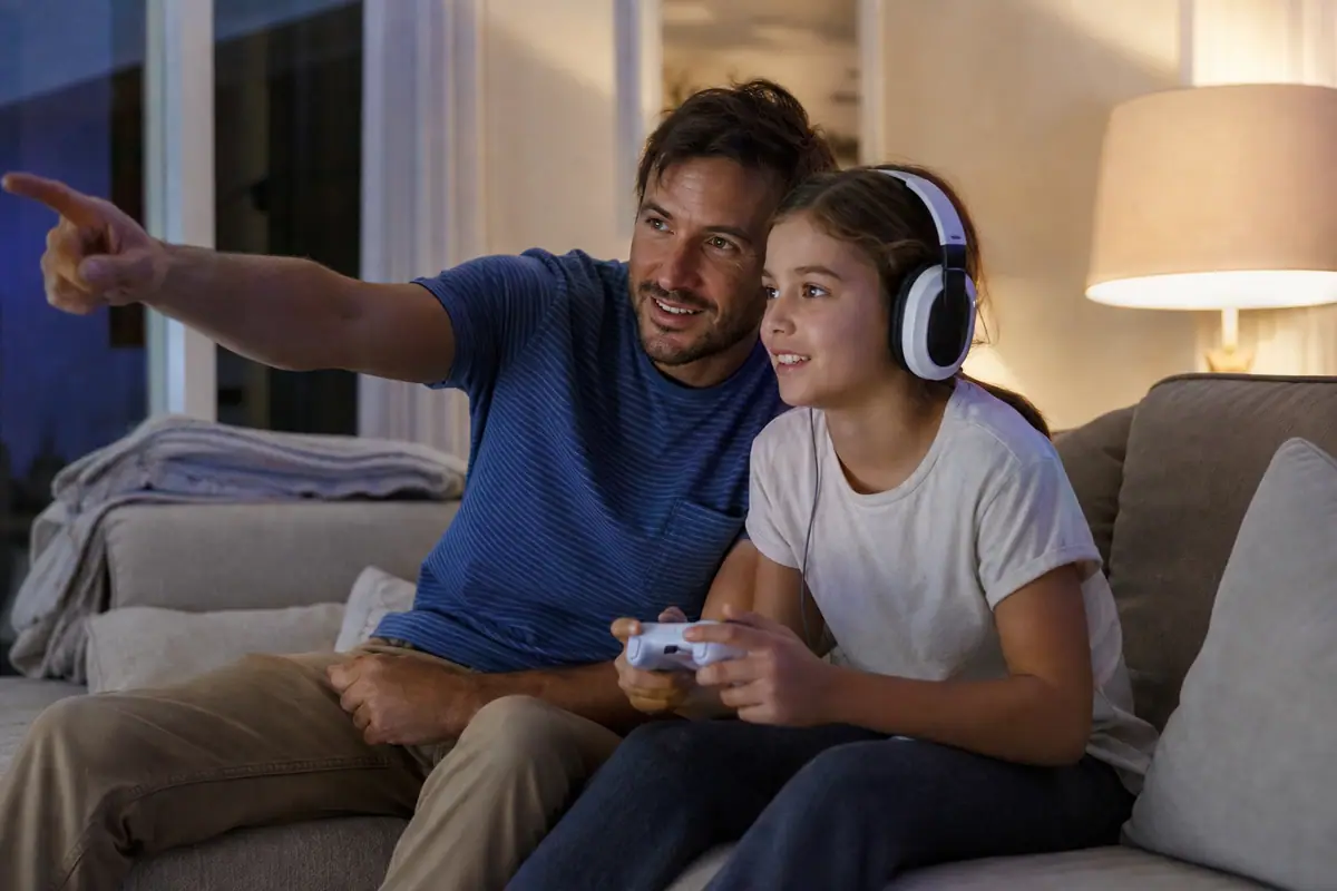 Un père et sa fille jouent ensemble sur le canapé du salon, la fillette porte un casque gaming blanc