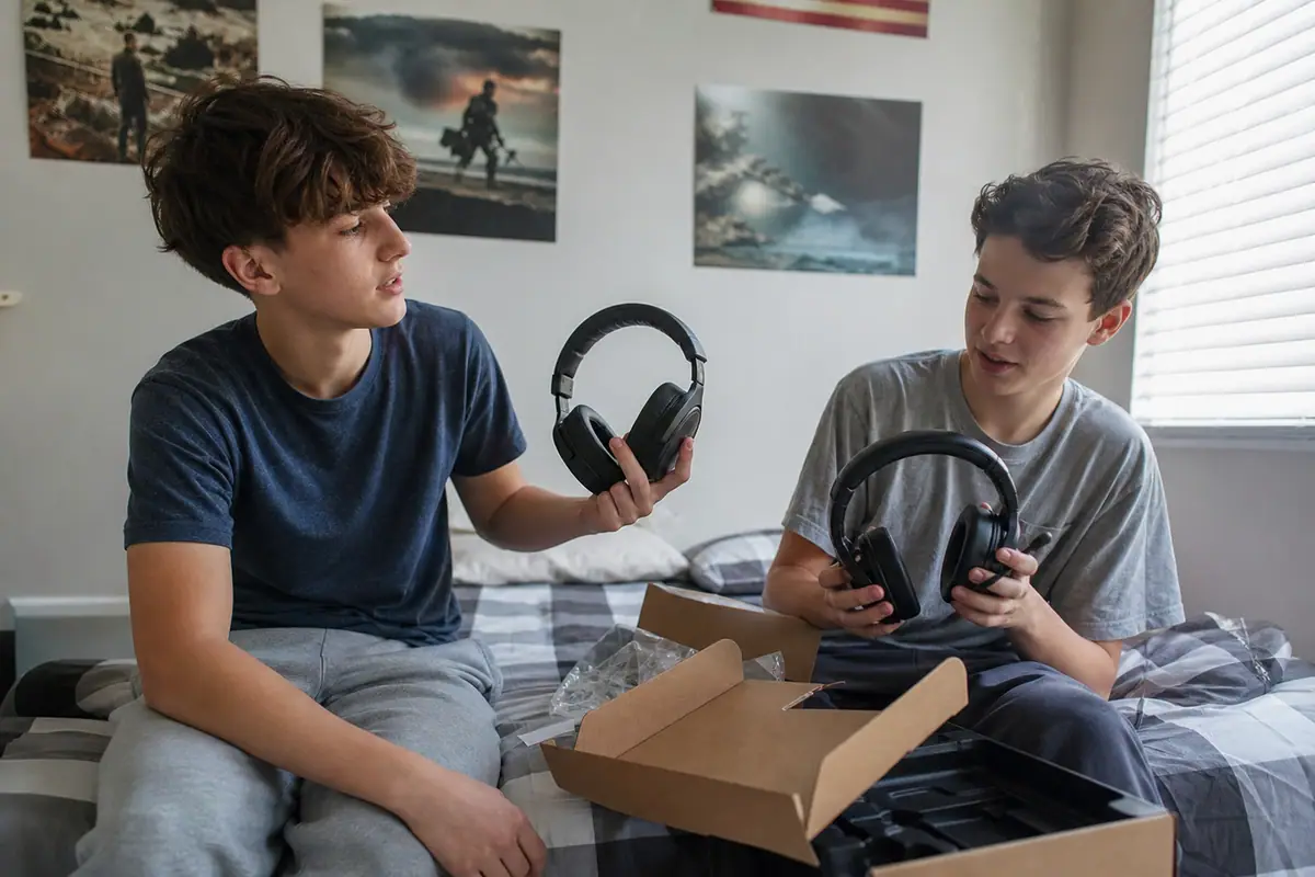 Deux frères adolescents comparent deux casques gaming sans fil assis sur un lit