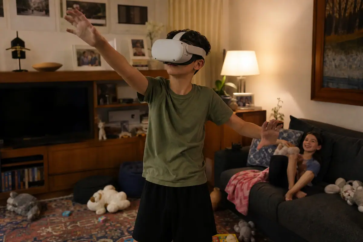 Un adolescent porte un casque de réalité virtuelle et lève les bras dans le salon pendant que sa sœur le regarde en riant