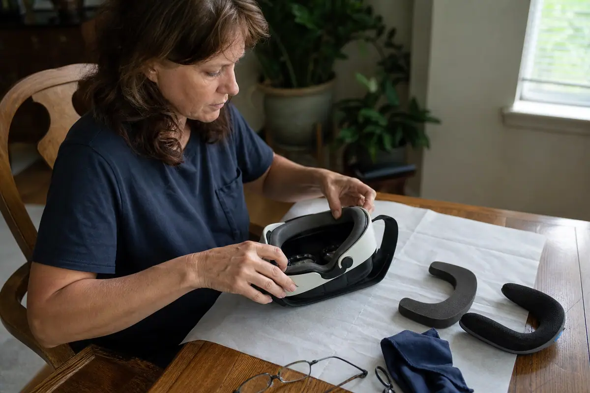 Une femme remplace la mousse faciale usée de son casque de réalité virtuelle sur la table de la salle à manger