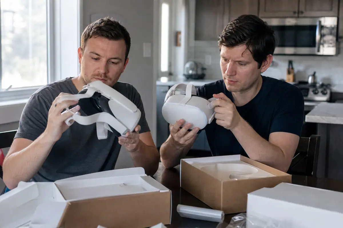 Deux frères comparent deux casques de réalité virtuelle blancs posés sur la table de la cuisine