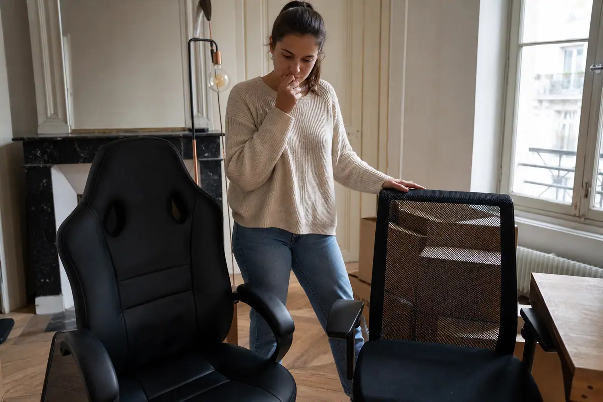 Une femme compare une chaise gaming et une chaise de bureau installées côte à côte dans son bureau