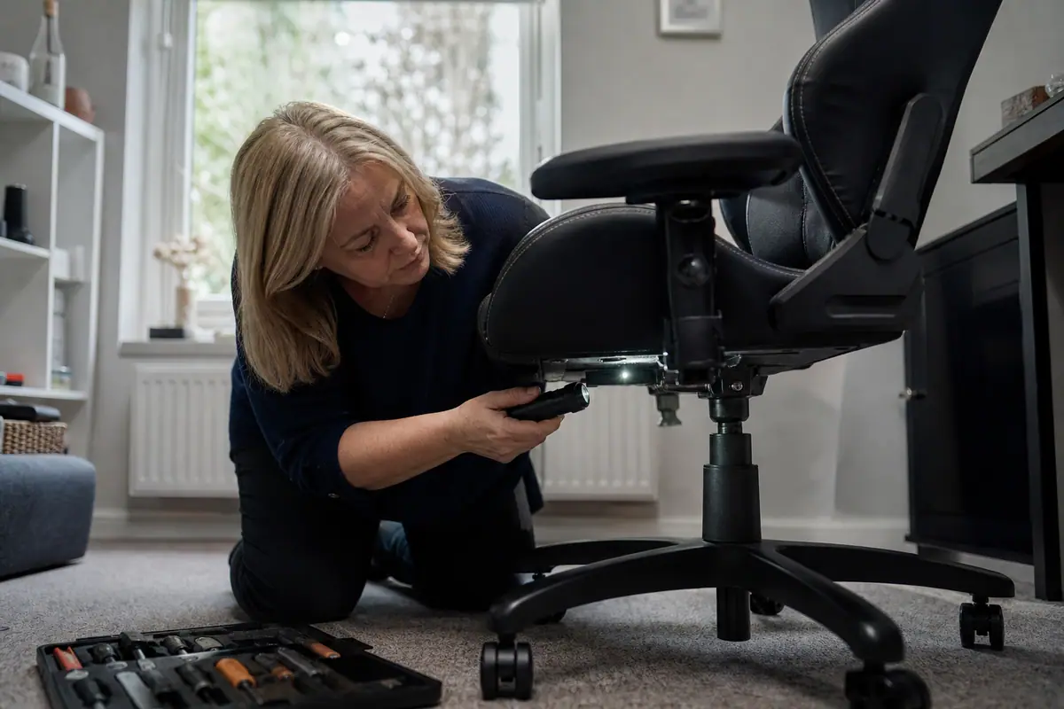 Une femme vérifie le vérin sous l'assise de sa chaise gaming à l'aide d'une lampe