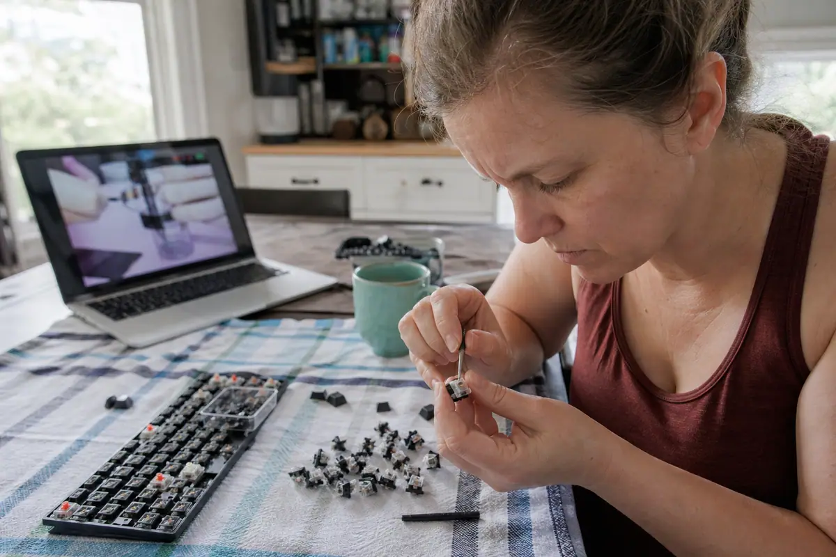 Une femme démonte un switch de clavier mécanique sur sa table de cuisine, entourée de capuchons et de switches