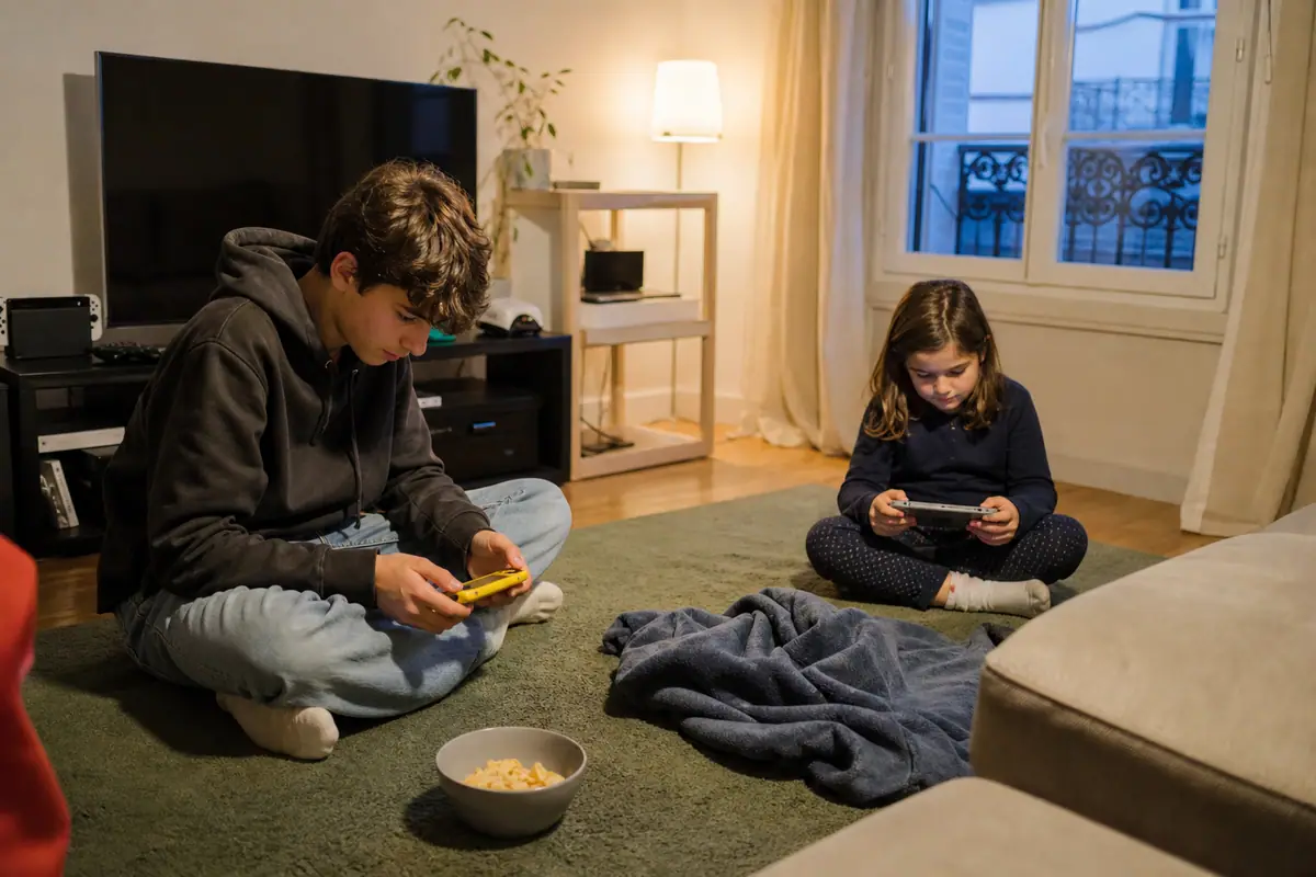 Un frère et sa sœur jouent chacun sur une console portable différente, assis sur le tapis du salon