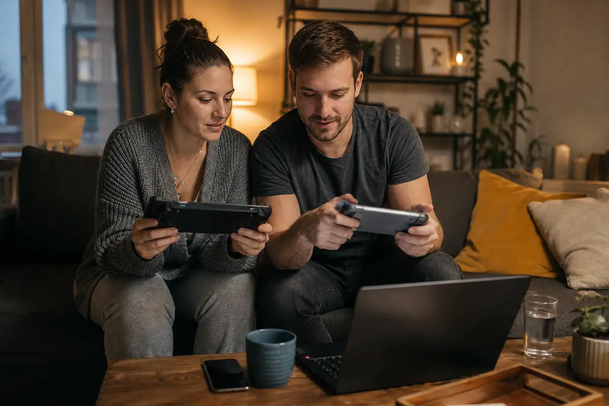 Un couple compare deux consoles portables différentes assis sur le canapé, un ordinateur portable ouvert sur la table basse