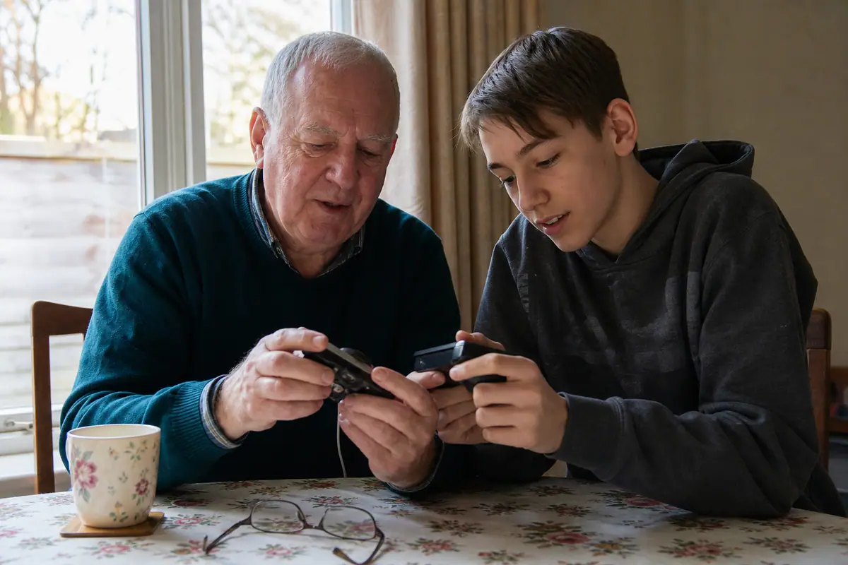 Un grand père et son petit fils examinent ensemble une manette usée à la table de la cuisine