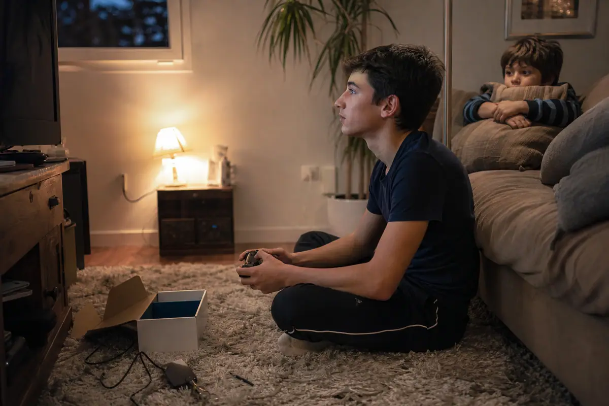 Un adolescent assis par terre devant la télévision du salon tient une manette sans fil, concentré sur sa partie