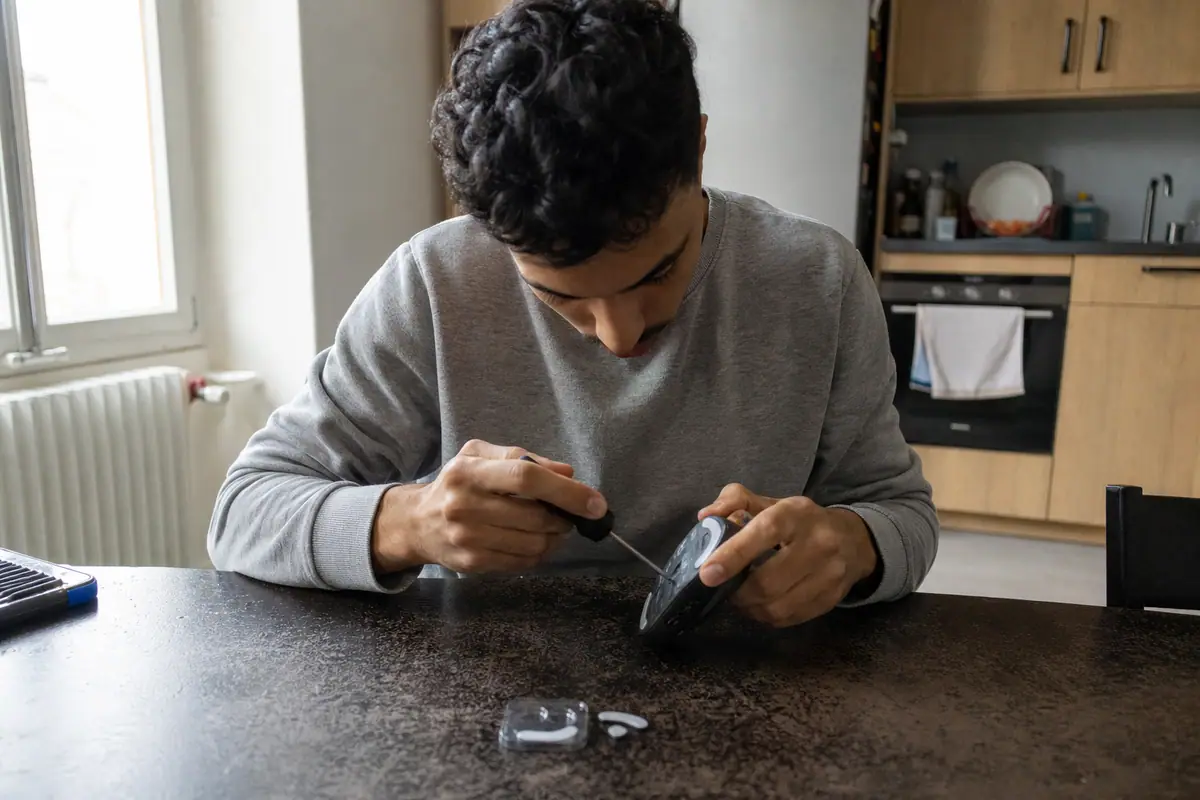 Un jeune homme remplace les pieds usés de sa souris gaming sur la table de sa cuisine