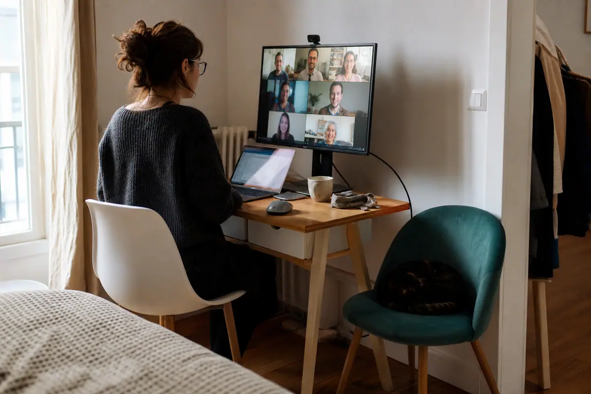 Une femme en télétravail branche son ordinateur portable à un écran PC avec un seul câble USB-C