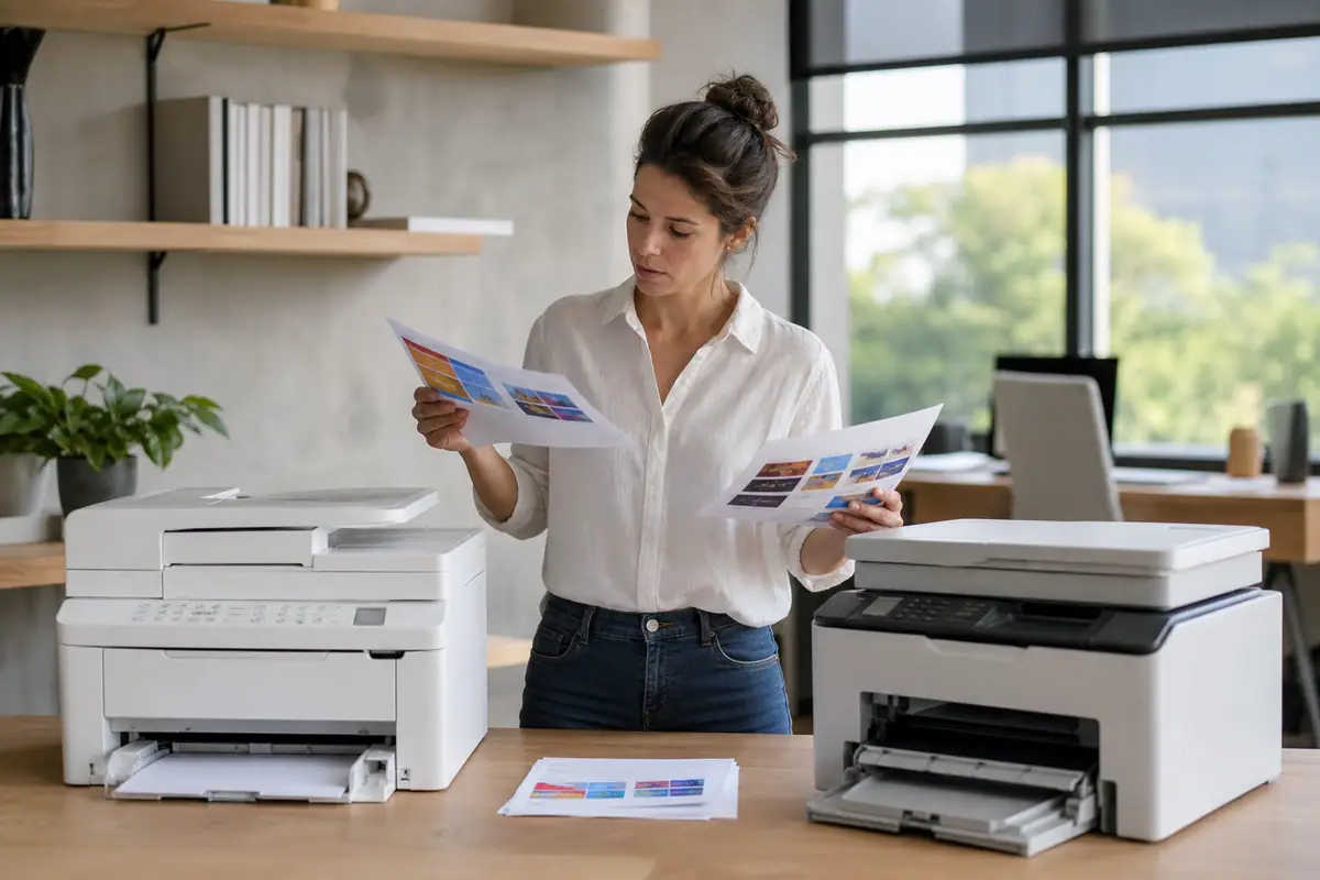 Une entrepreneuse compare les pages imprimées par deux imprimantes multifonctions différentes