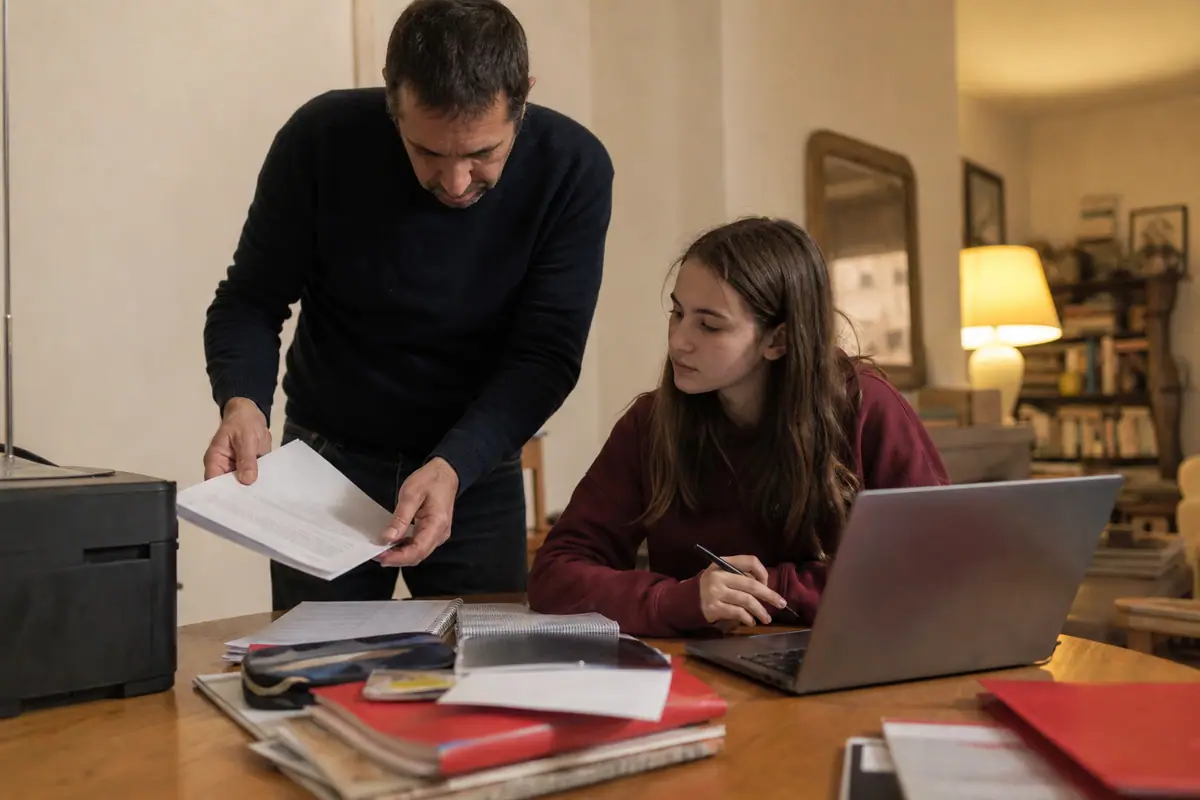 Un père aide sa fille à récupérer des pages imprimées pour ses devoirs sur l'imprimante multifonction familiale