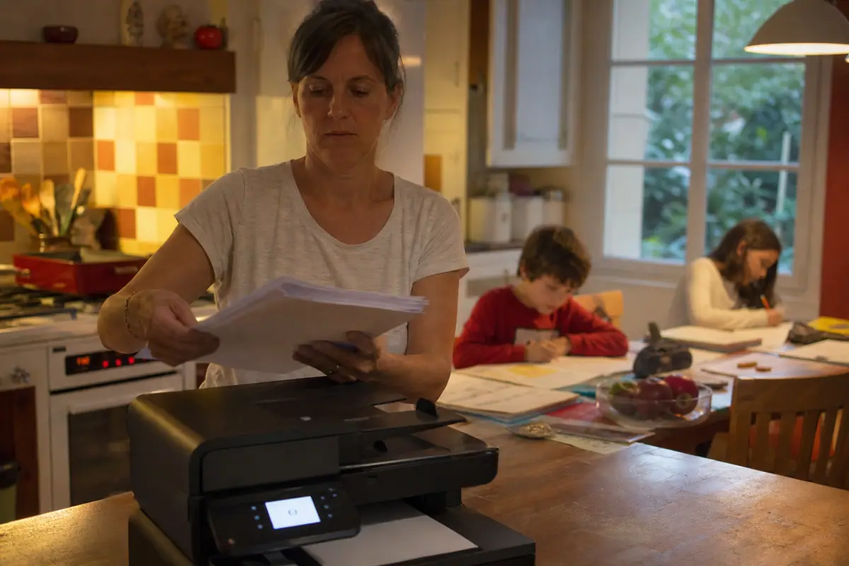 Une mère récupère une pile de documents scolaires fraîchement imprimés pendant que ses enfants font leurs devoirs