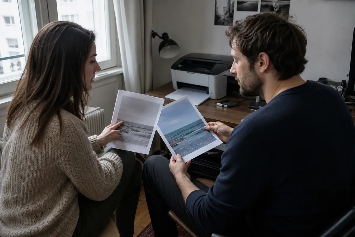 Un couple compare une page imprimée en noir et blanc et une page imprimée en couleur avant de choisir leur imprimante