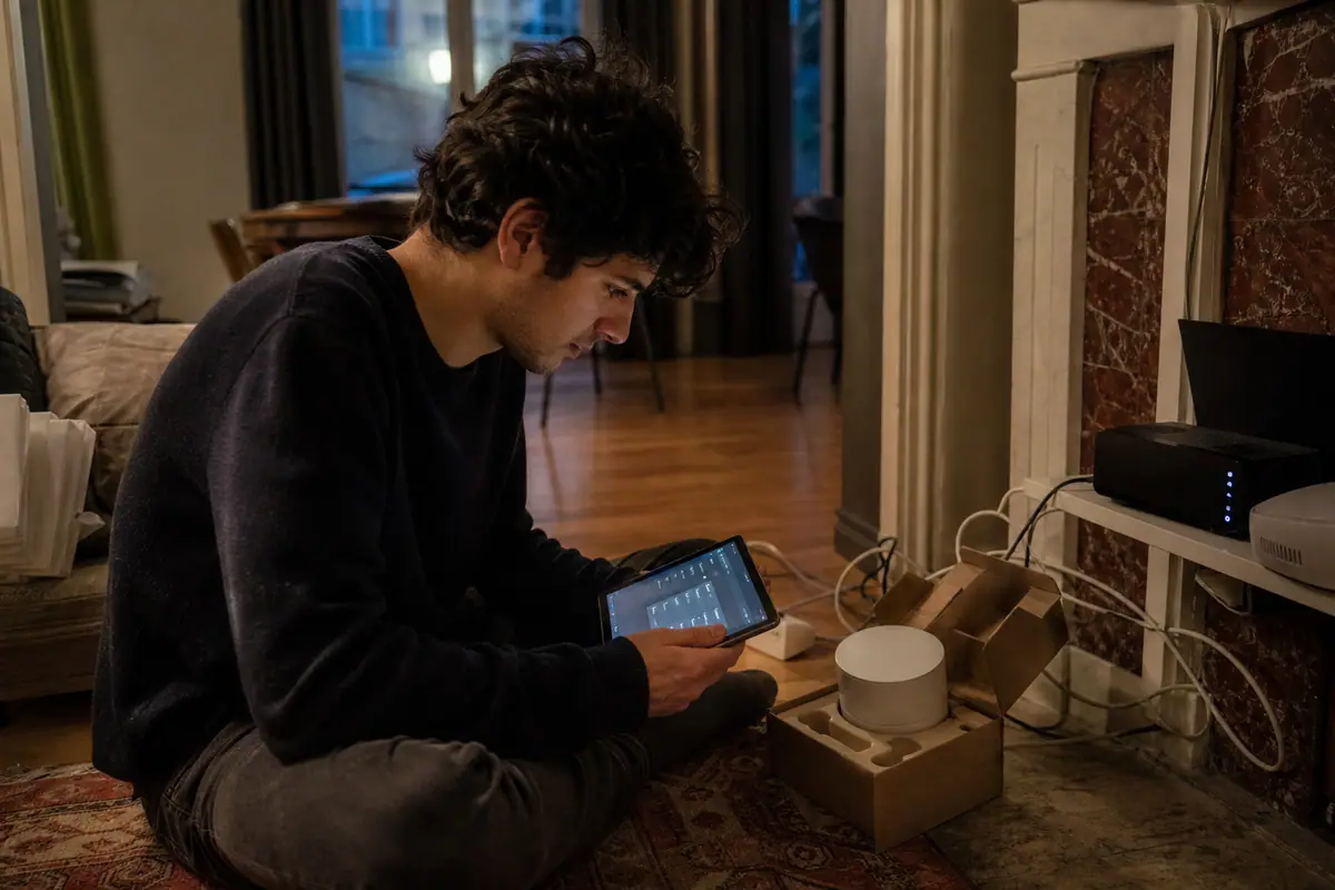 Un homme configure le mode bridge de sa box internet avant d'installer un système Wifi mesh