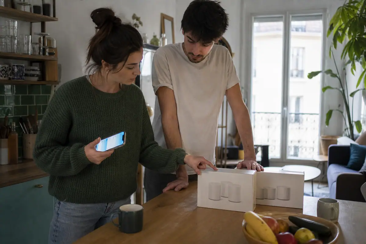 Un couple compare deux boîtes de systèmes Wifi mesh sur le plan de travail de leur cuisine