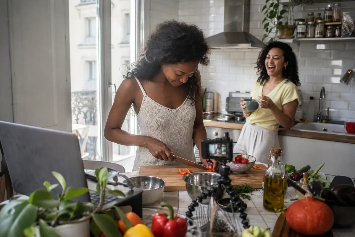 Une jeune femme enregistre un tutoriel de cuisine avec une webcam sur trépied dans sa cuisine