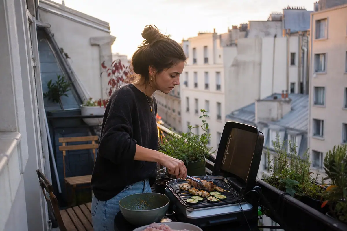 Une jeune femme prépare des brochettes sur un petit barbecue à gaz posé sur une table de balcon