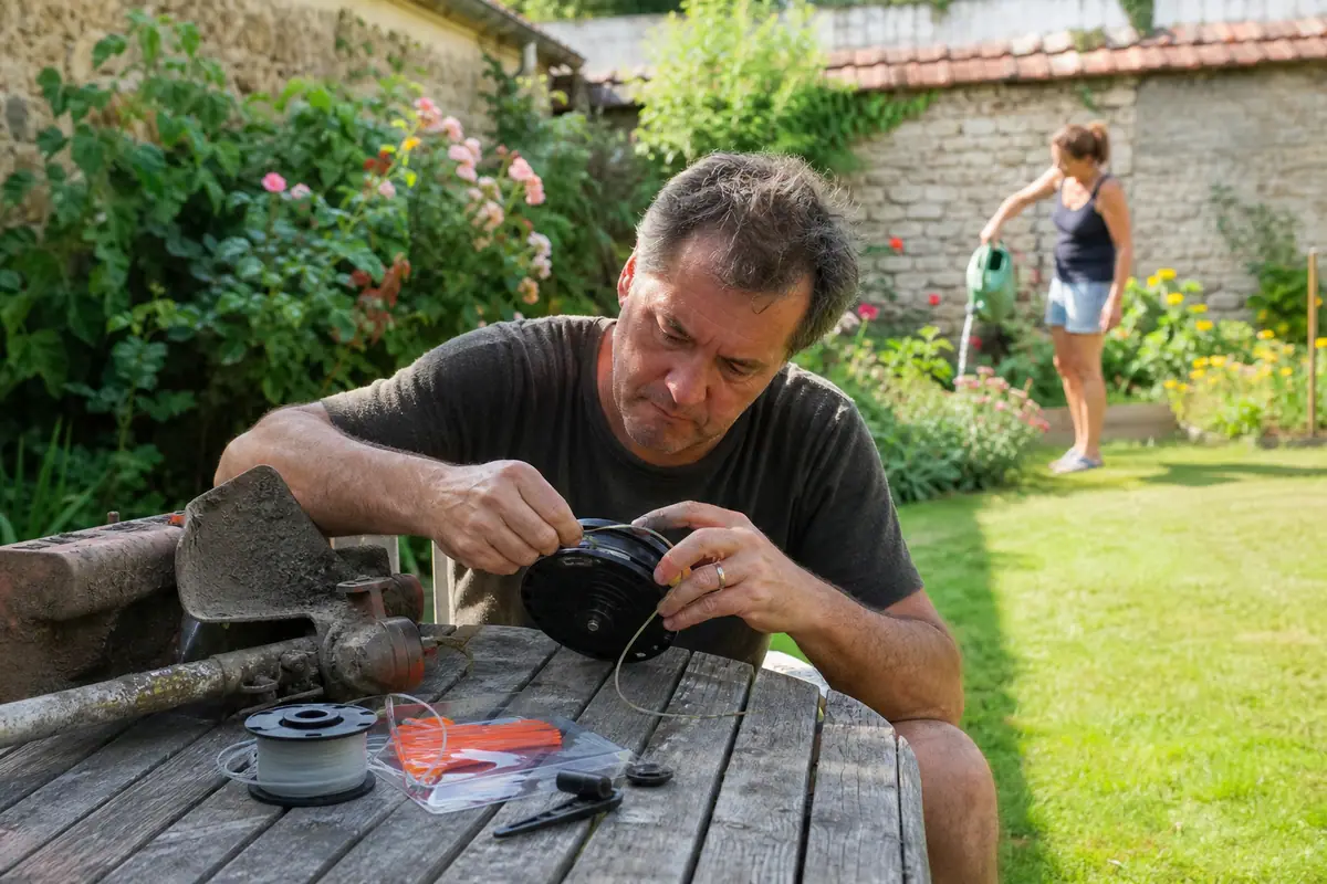 Un homme change la bobine de fil de son coupe-bordure sur une table de jardin à côté de lames de rechange