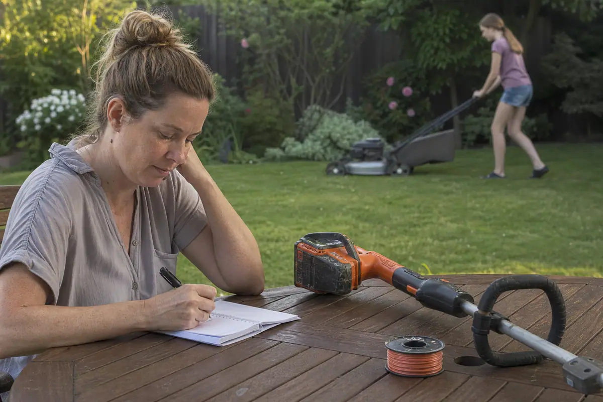 Une femme calcule le budget d'entretien de son coupe-bordure à une table de jardin pendant que sa fille tond la pelouse