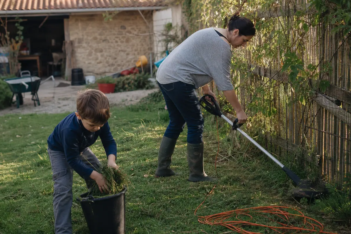 Une femme finit les bordures de son jardin au coupe-bordure pendant que son fils ramasse l'herbe coupée dans un seau