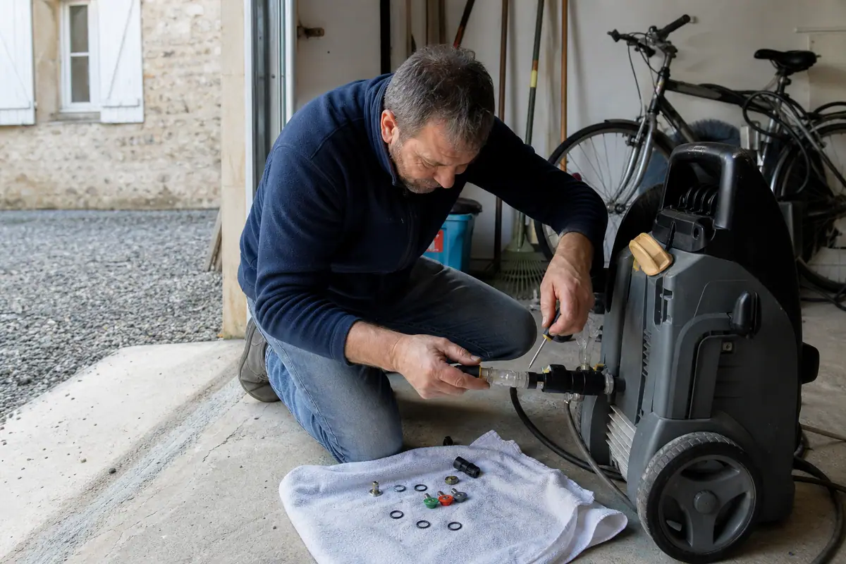 Un homme vérifie le filtre d'arrivée d'eau d'un nettoyeur haute pression dans son garage, entouré de joints et buses de rechange