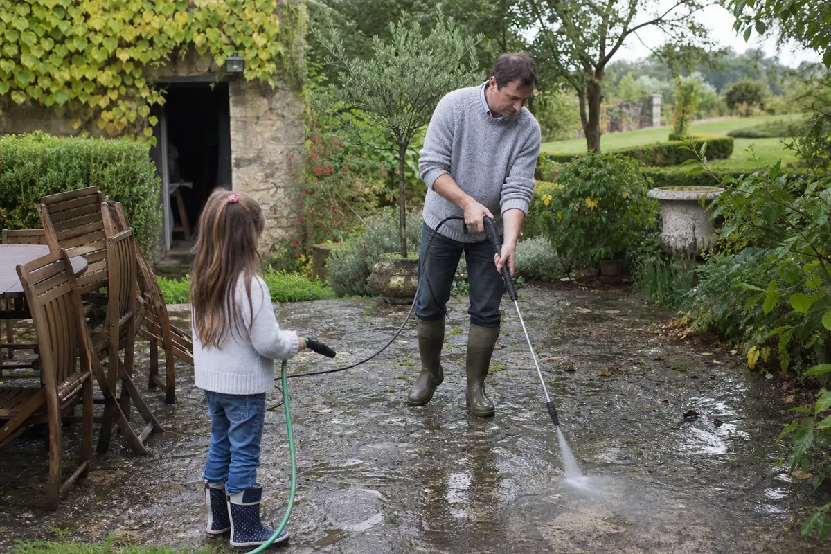 Un père nettoie une terrasse en pierre couverte de mousse avec un nettoyeur haute pression sous le regard de sa fille