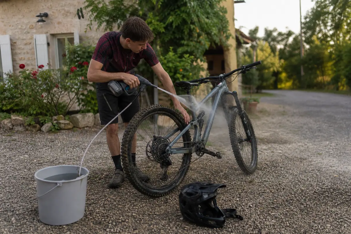 Un jeune homme rince son vélo avec un petit nettoyeur haute pression sur batterie branché à un seau d'eau