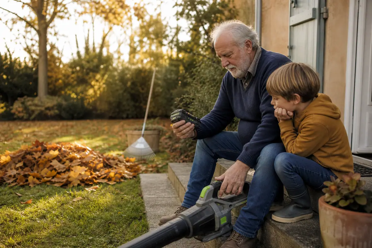 Un retraité vérifie le niveau de charge de la batterie de son souffleur de feuilles sur les marches de sa terrasse