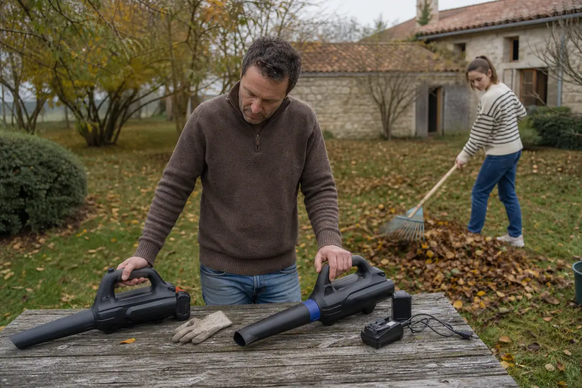 Un homme compare deux souffleurs de feuilles sans fil posés sur une table dans son jardin en automne