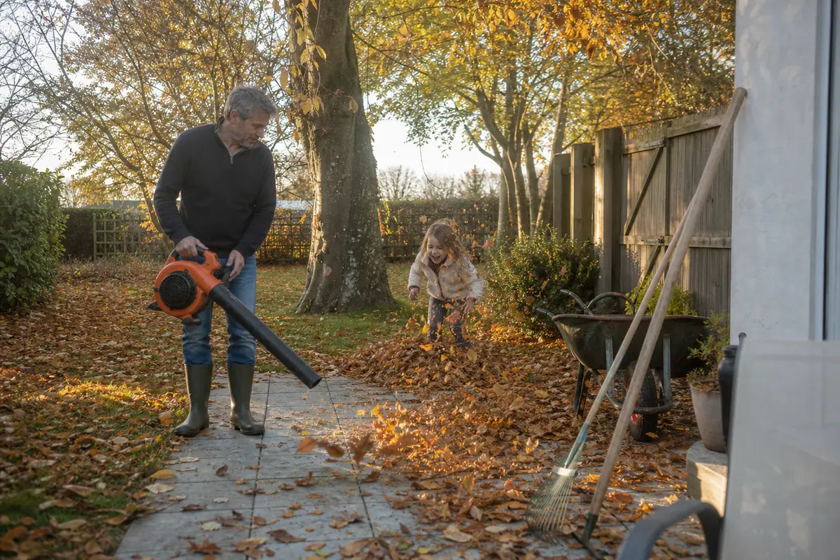 Un homme dégage une allée avec un souffleur de feuilles pendant que sa petite fille saute dans un tas de feuilles