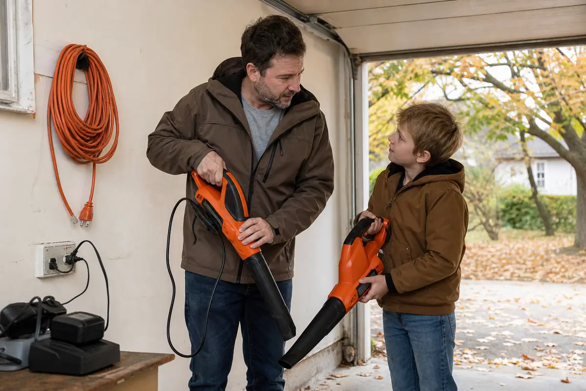 Un père et son fils comparent un souffleur de feuilles filaire et un modèle sans fil rangés dans leur garage