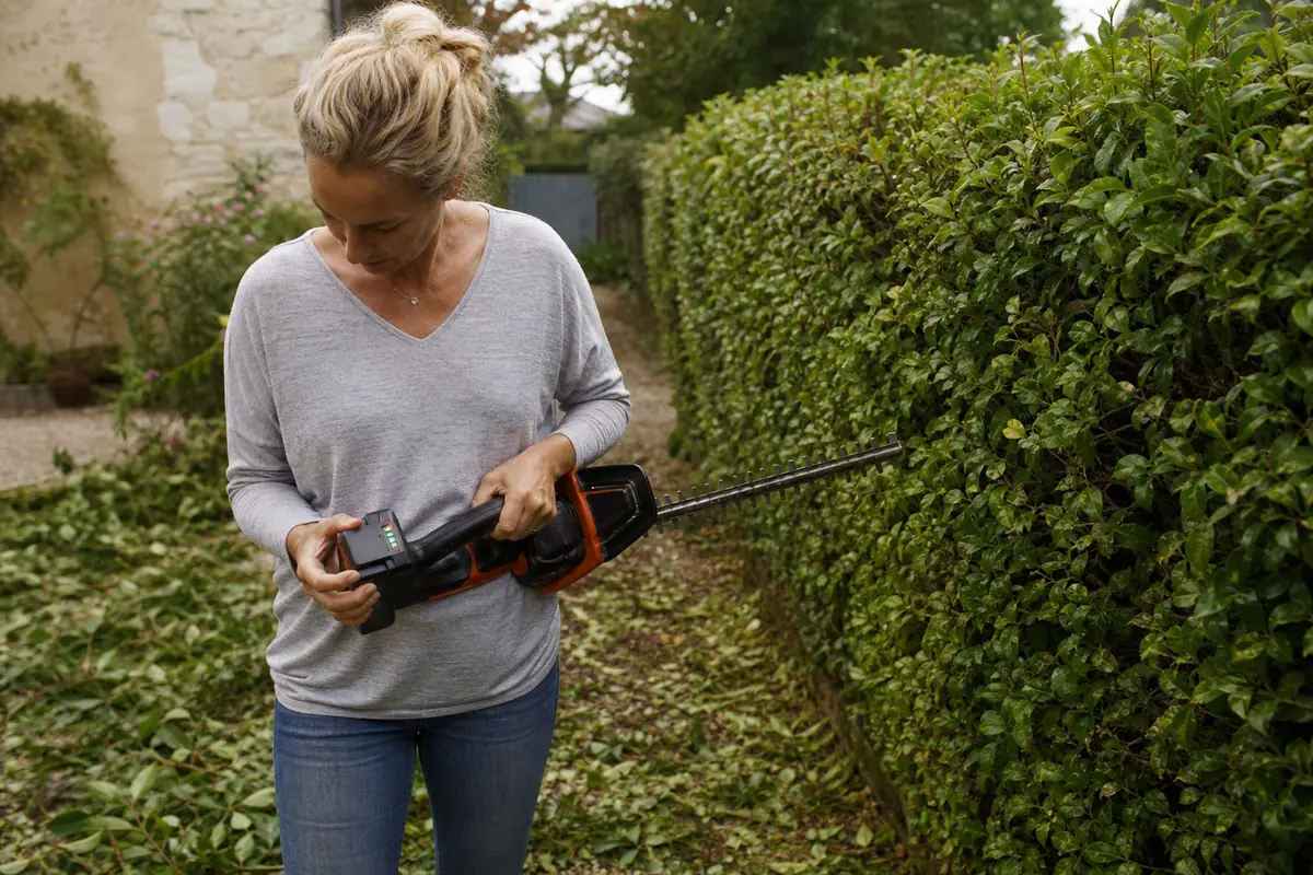 Une femme vérifie le voyant de batterie de son taille-haie sans fil en pleine taille de haie