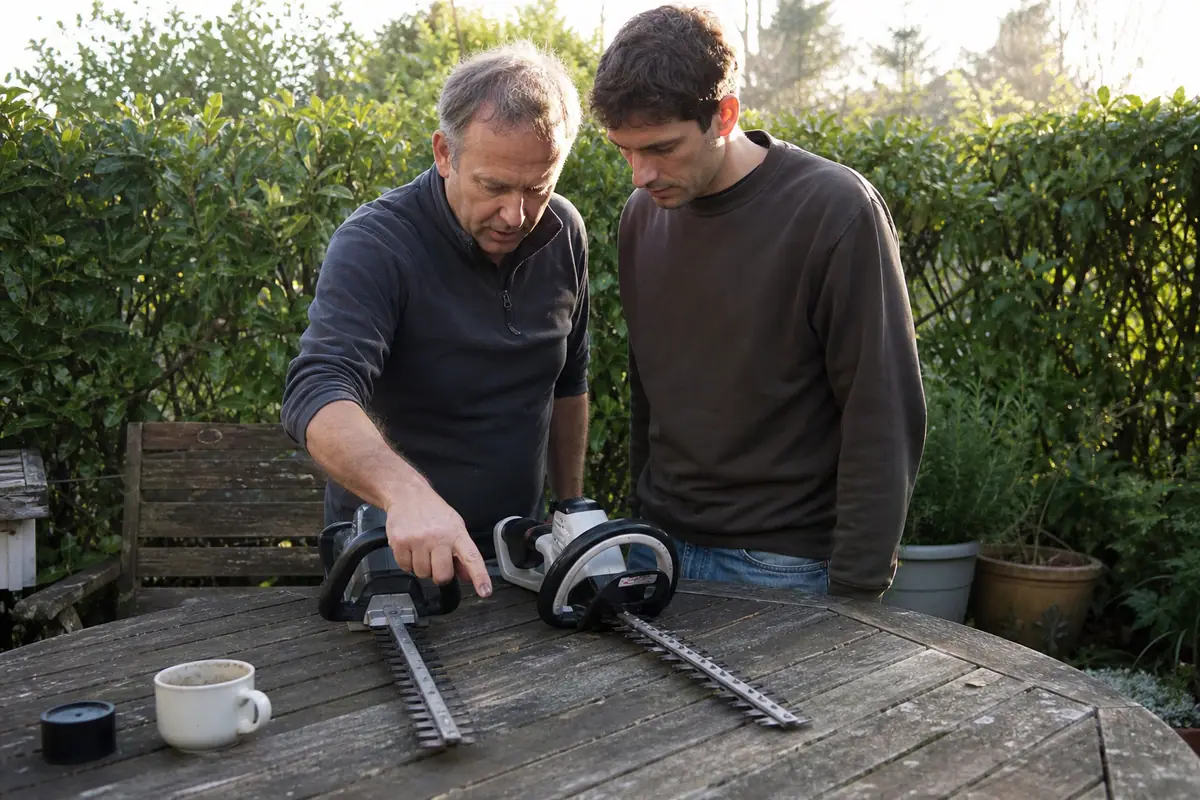 Un père et son fils comparent deux taille-haies sans fil posés côte à côte sur une table de jardin