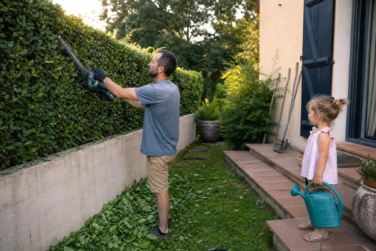 Un homme taille une haie avec un taille-haie sans fil sous le regard de sa fille depuis la terrasse