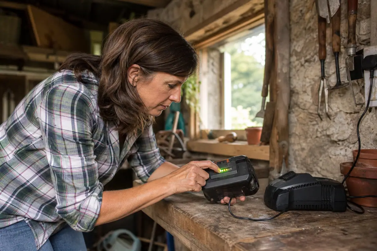 Une femme vérifie le niveau de charge de la batterie de sa tondeuse posée sur l'établi de son abri de jardin