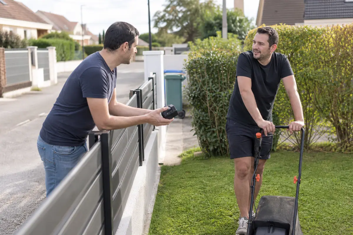 Deux voisins discutent par dessus leur clôture, chacun avec sa tondeuse à batterie de 37 cm