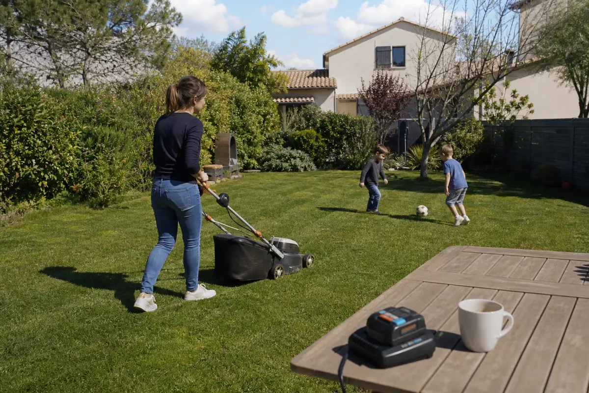 Une jeune mère passe la tondeuse à batterie dans son jardin pendant que ses enfants jouent au ballon