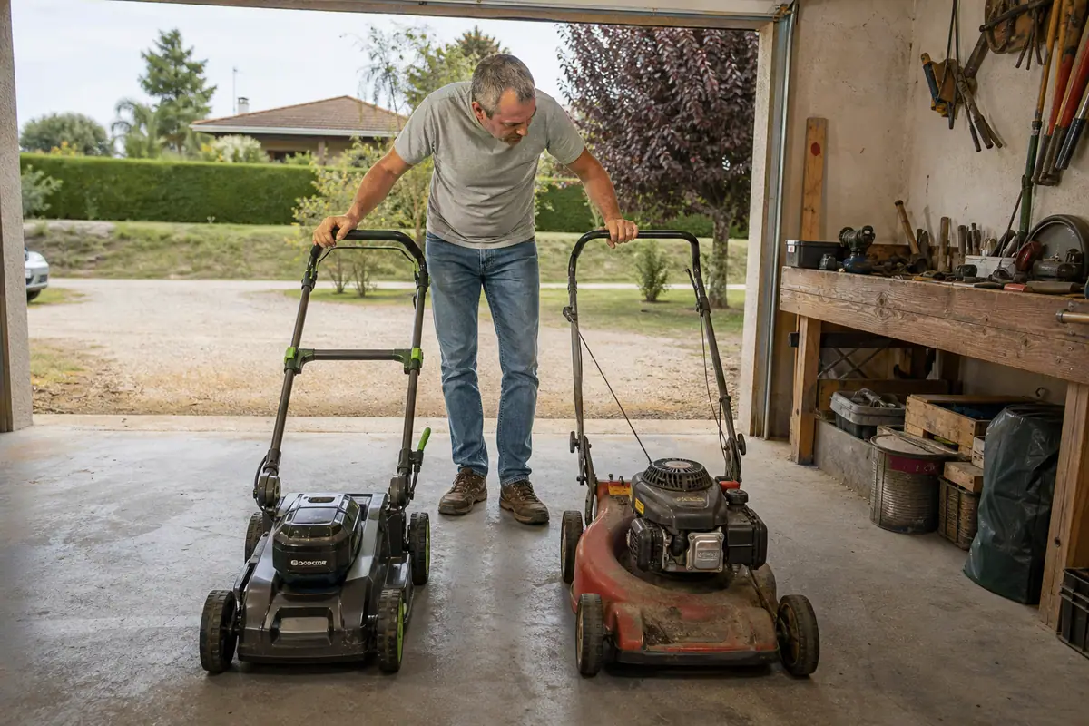 Un homme compare une tondeuse à batterie et une tondeuse thermique côte à côte dans son garage