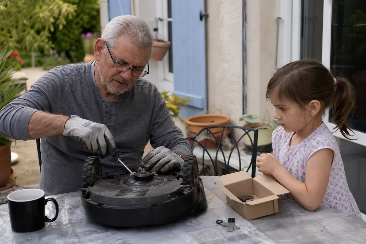 Un retraité change les lames d'une tondeuse robot retournée sur une table de jardin sous le regard de sa petite-fille